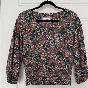 Anthropologie Maeve Odette Multicolor Floral Smocked Waist Top Cotton Blend Sz S